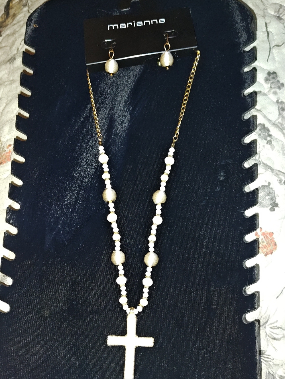 Arianne White and Gold Beaded Cross Necklace with Earrings